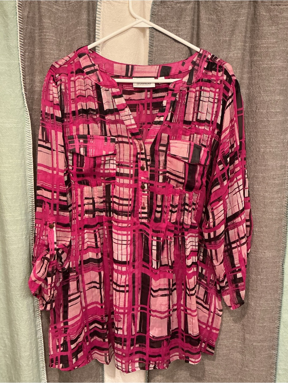 Avenue Pink Plaid Split-V Tunic with Roll-Tab Sleeves